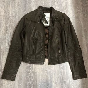 Brown genuine leather bomber style jacket